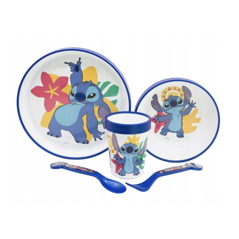 Stitch étkészlet díszdobozban - műanyag csúszásgátlós tányérok, pohár és evőeszközök