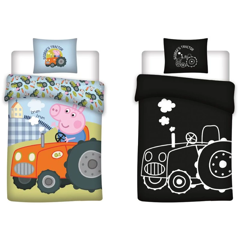 Peppa malac George&#039;s Tractor sötétben világító gyerek, ovis ágyneműhuzat 100x135cm, 40x60cm